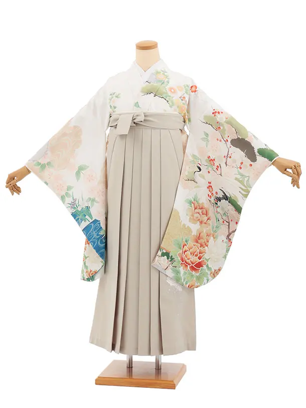 小学生卒業式かんたん袴(女の子) Z847 白古典鶴×ベージュ