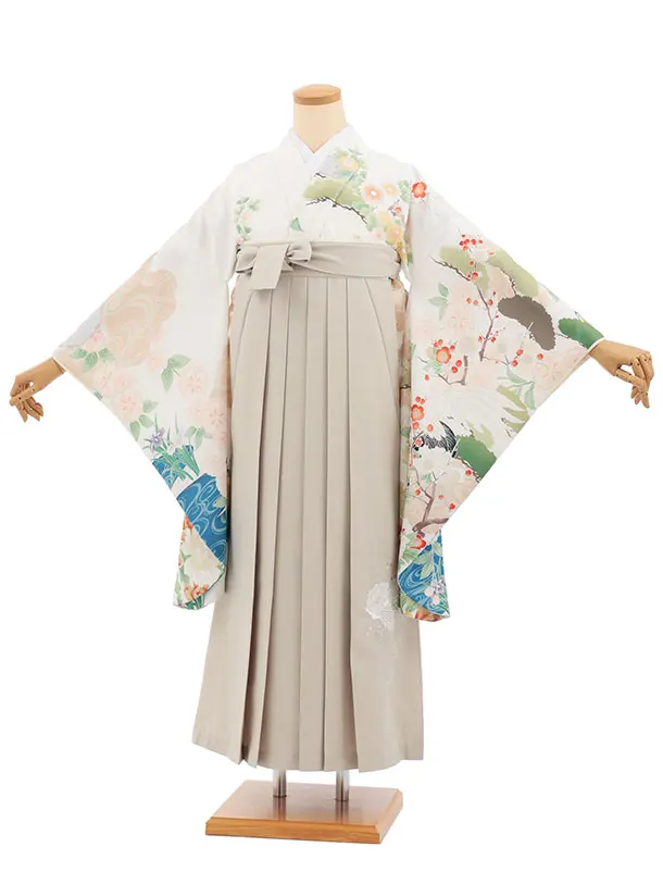 小学生卒業式かんたん袴(女の子) Z847 白古典鶴×ベージュ