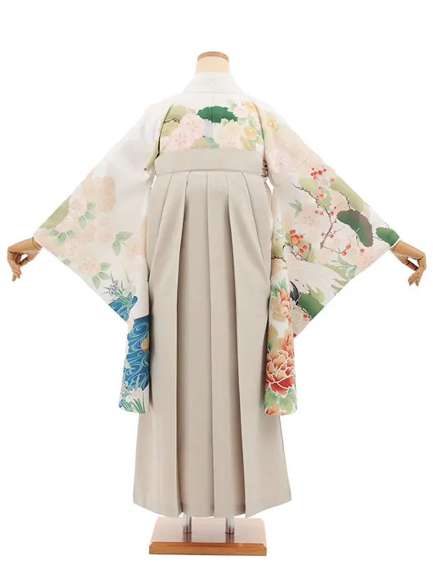 小学生卒業式かんたん袴(女の子) Z847 白古典鶴×ベージュ