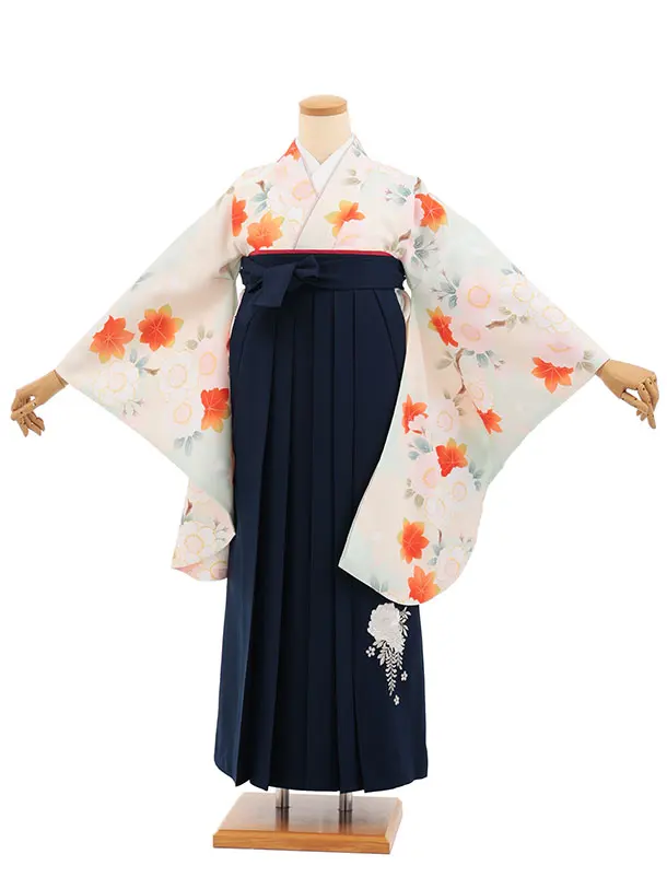 小学生卒業式かんたん袴(女の子) Z851 ペールミントもみじ花×紺