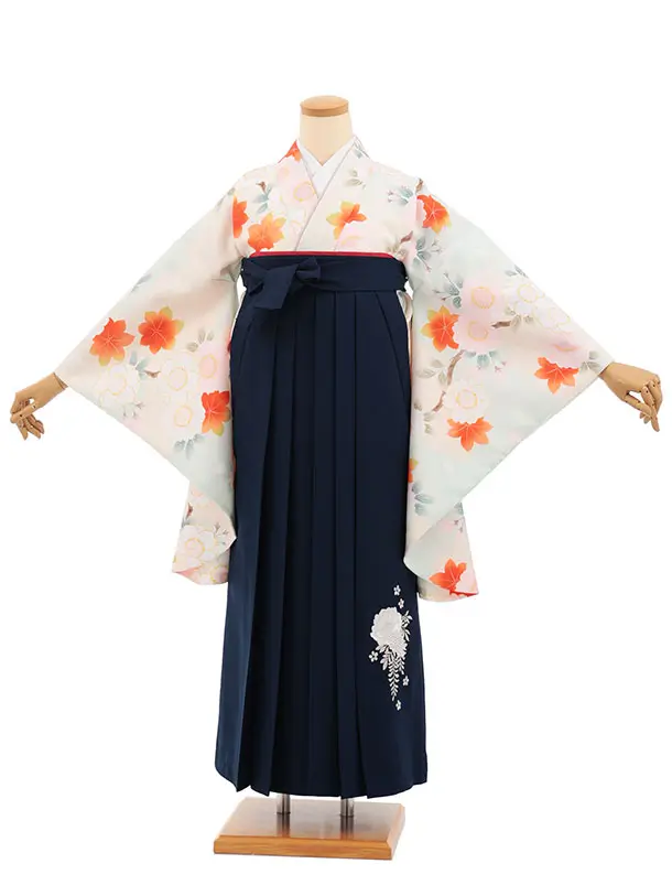 小学生卒業式かんたん袴(女の子) Z851 ペールミントもみじ花×紺