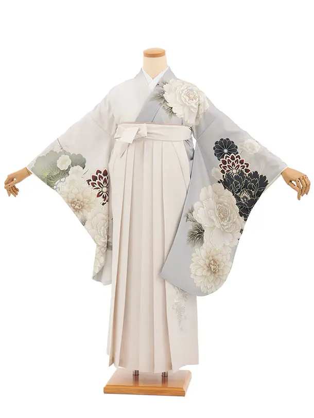 小学生卒業式かんたん袴(女の子) Z853 グレージュ牡丹ダリヤ×アイボリー