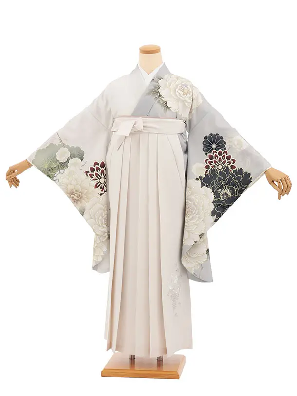 小学生卒業式かんたん袴(女の子) Z853 グレージュ牡丹ダリヤ×アイボリー