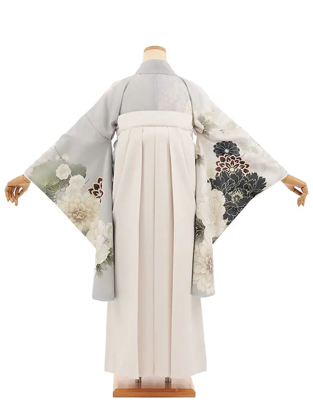 小学生卒業式かんたん袴(女の子) Z853 グレージュ牡丹ダリヤ×アイボリー