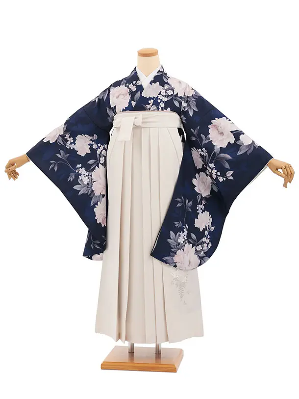 小学生卒業式かんたん袴(女の子) Z857 紺パステル花×アイボリー