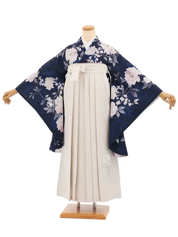 小学生卒業式かんたん袴(女の子) Z857 紺パステル花×アイボリー