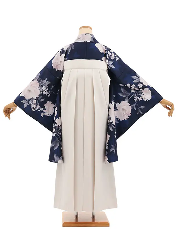 小学生卒業式かんたん袴(女の子) Z857 紺パステル花×アイボリー