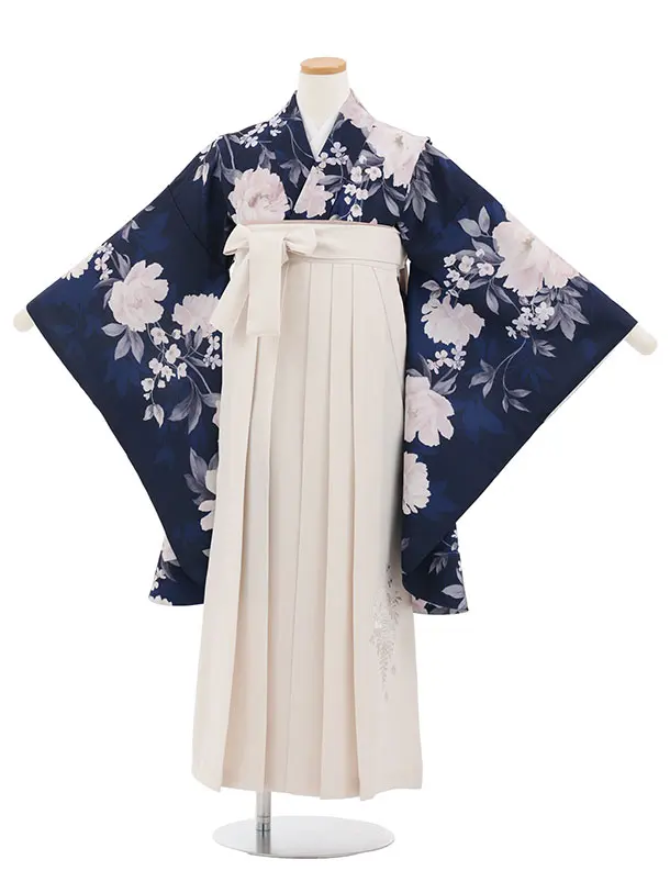 小学生卒業式かんたん袴(女の子) Z860 紺パステル花×アイボリー