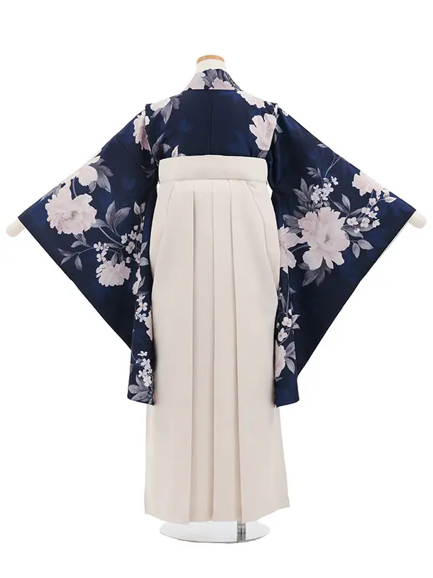 小学生卒業式かんたん袴(女の子) Z860 紺パステル花×アイボリー