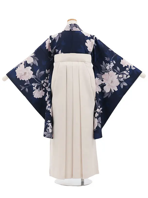 小学生卒業式かんたん袴(女の子) Z861 紺パステル花×アイボリー