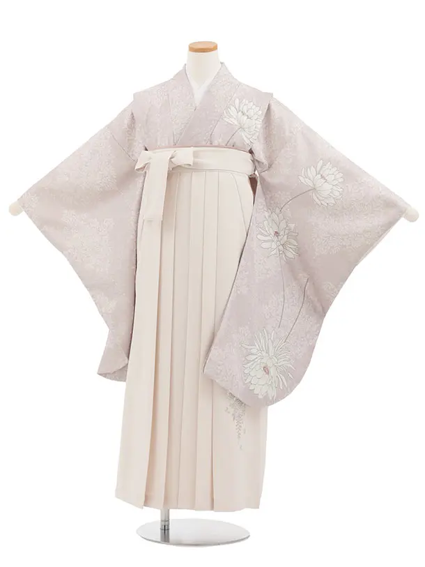 小学生かんたん袴(女の子) Z862 ピンクベージュダマスク柄に花×アイボリー