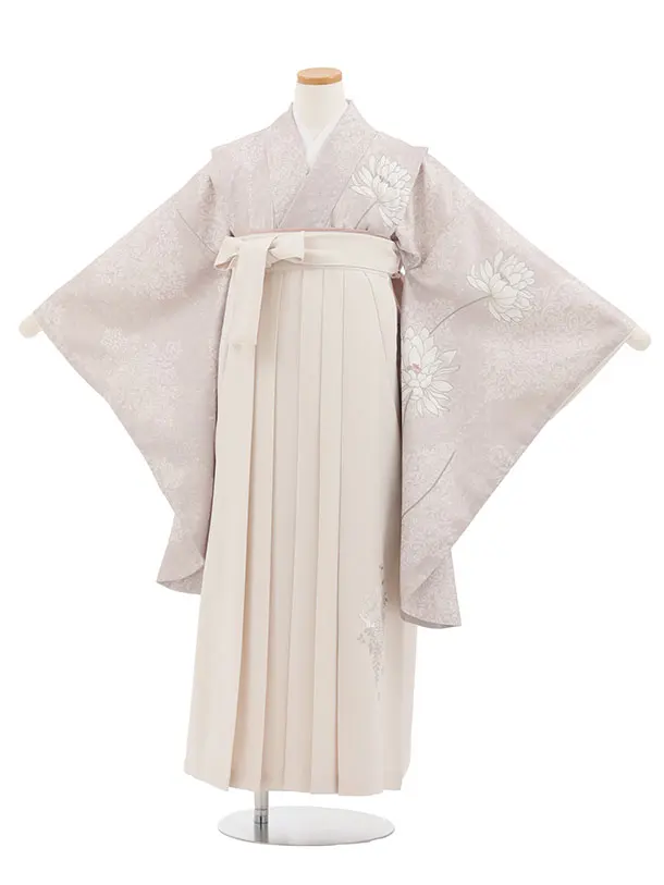 小学生かんたん袴(女の子) Z862 ピンクベージュダマスク柄に花×アイボリー