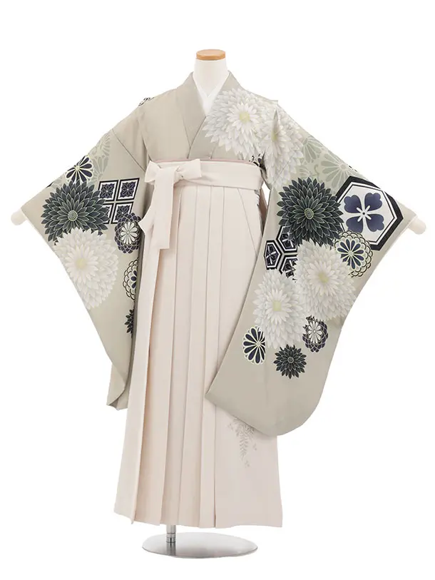小学生卒業式かんたん袴(女の子) Z863 ベージュ古典柄×アイボリー