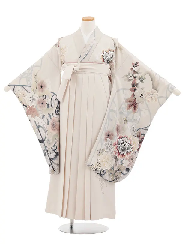 小学生卒業式かんたん袴(女の子) Z864 ベージュ花×アイボリー