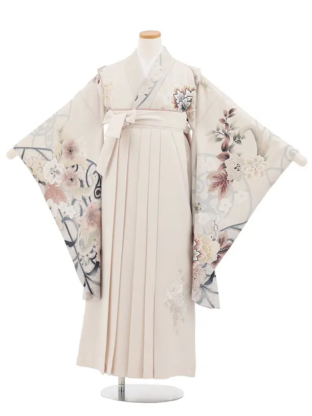 小学生卒業式かんたん袴(女の子) Z864 ベージュ花×アイボリー