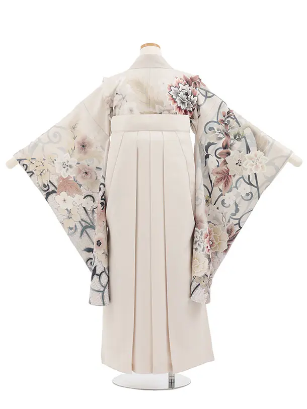 小学生卒業式かんたん袴(女の子) Z864 ベージュ花×アイボリー