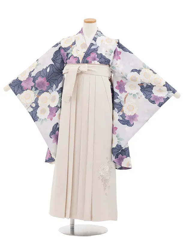 小学生卒業式かんたん袴(女の子) Z865 薄パープルグレーもみじ桜×アイボリー