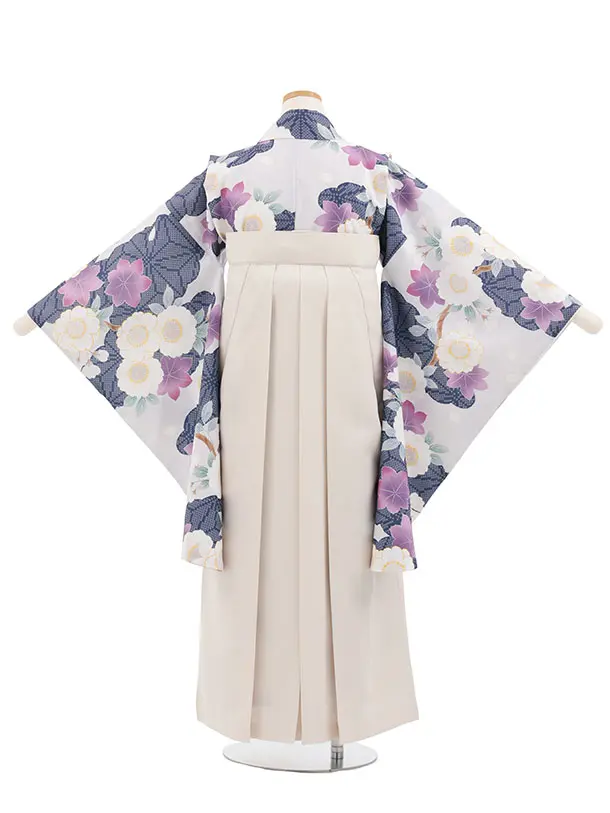 小学生卒業式かんたん袴(女の子) Z865 薄パープルグレーもみじ桜×アイボリー