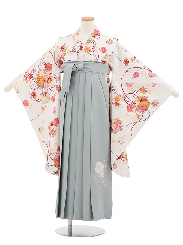 小学生卒業式かんたん袴(女の子) Z866 白地薬玉×薄グレー