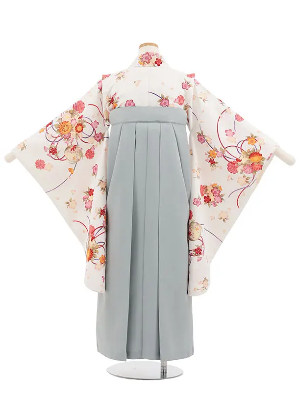 小学生卒業式かんたん袴(女の子) Z866 白地薬玉×薄グレー