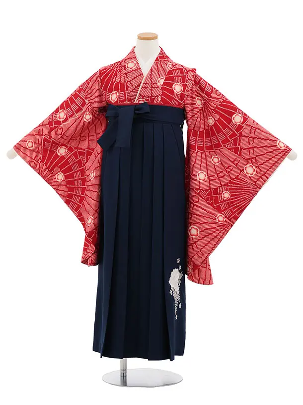 小学生卒業式かんたん袴(女の子) Z868 赤疋田柄梅×紺