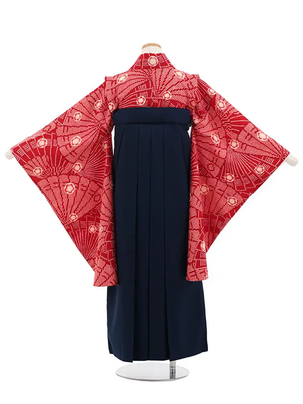 小学生卒業式かんたん袴(女の子) Z868 赤疋田柄梅×紺