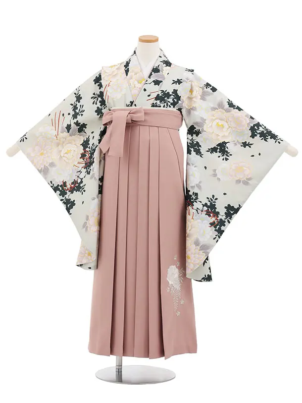 小学生卒業式かんたん袴(女の子) Z869 ペールグリーンブーケ×モーヴピンク