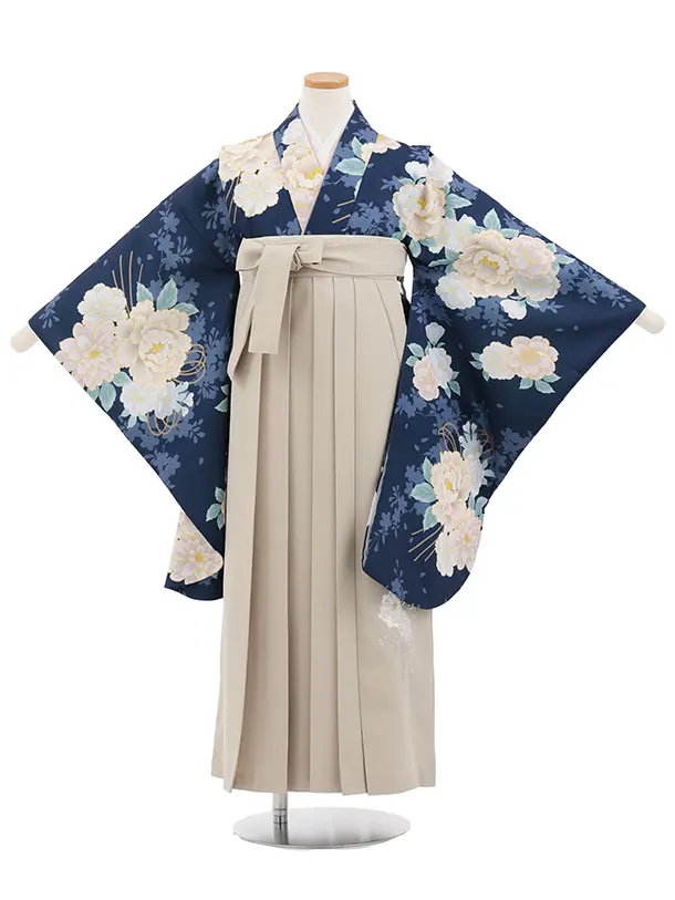 小学生卒業式かんたん袴(女の子) Z871 ネイビーブーケ×ベージュ