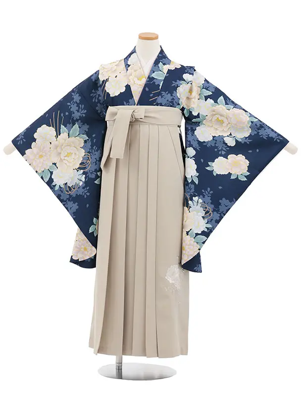 小学生卒業式かんたん袴(女の子) Z871 ネイビーブーケ×ベージュ