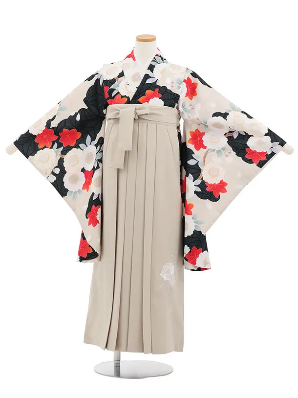 小学生卒業式かんたん袴(女の子) Z872 ベージュもみじ桜×ベージュ