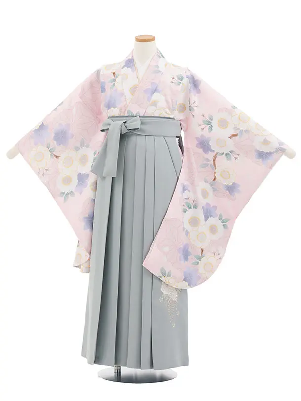 小学生卒業式かんたん袴(女の子) Z873 ピンクもみじ桜×薄グレー