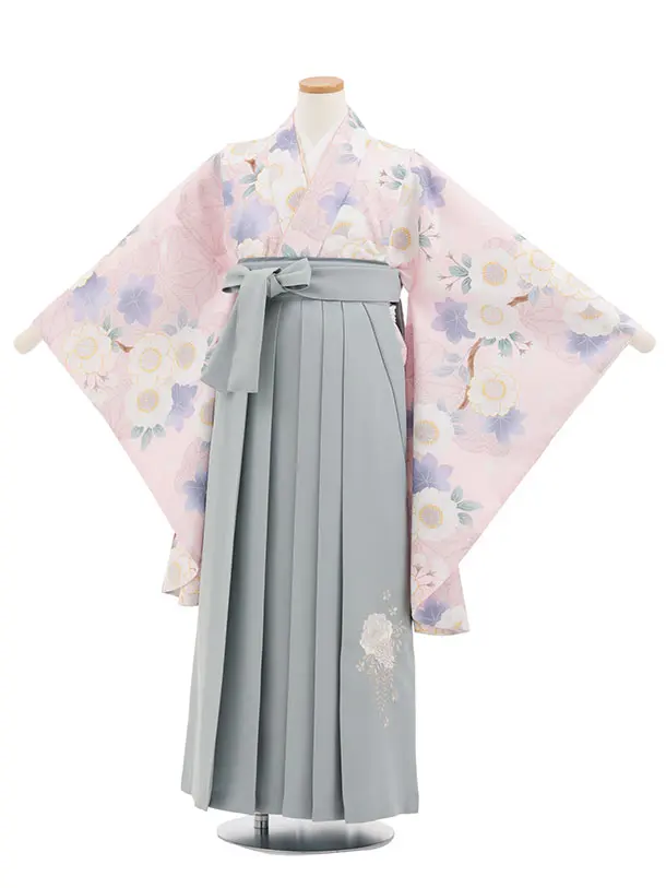 小学生卒業式かんたん袴(女の子) Z873 ピンクもみじ桜×薄グレー