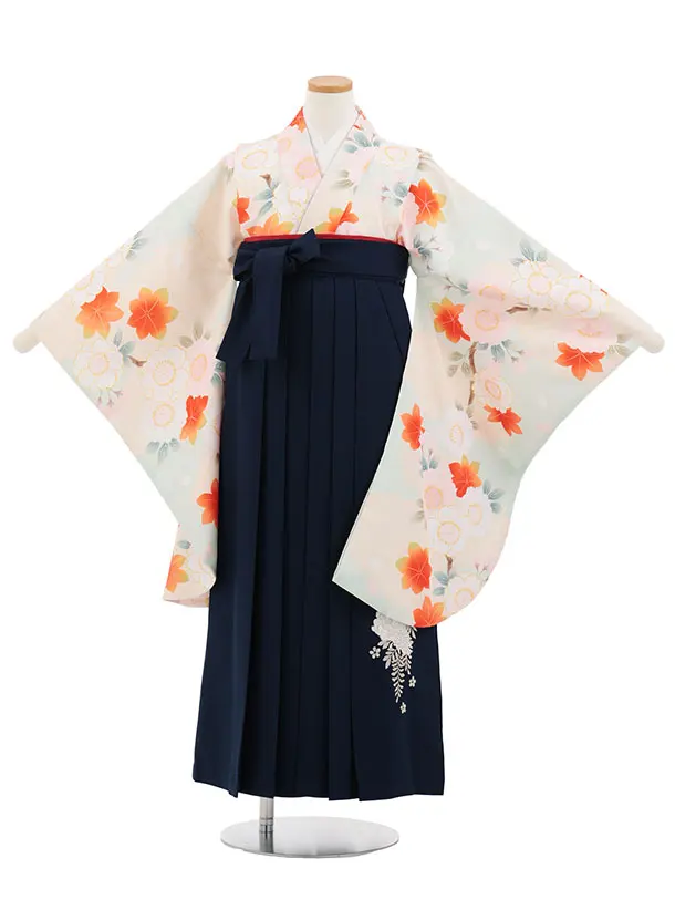 小学生卒業式かんたん袴(女の子) Z874 ペールグリーンもみじ桜×紺