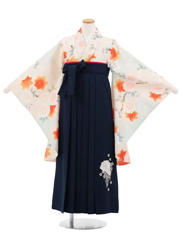 小学生卒業式かんたん袴(女の子) Z874 ペールグリーンもみじ桜×紺