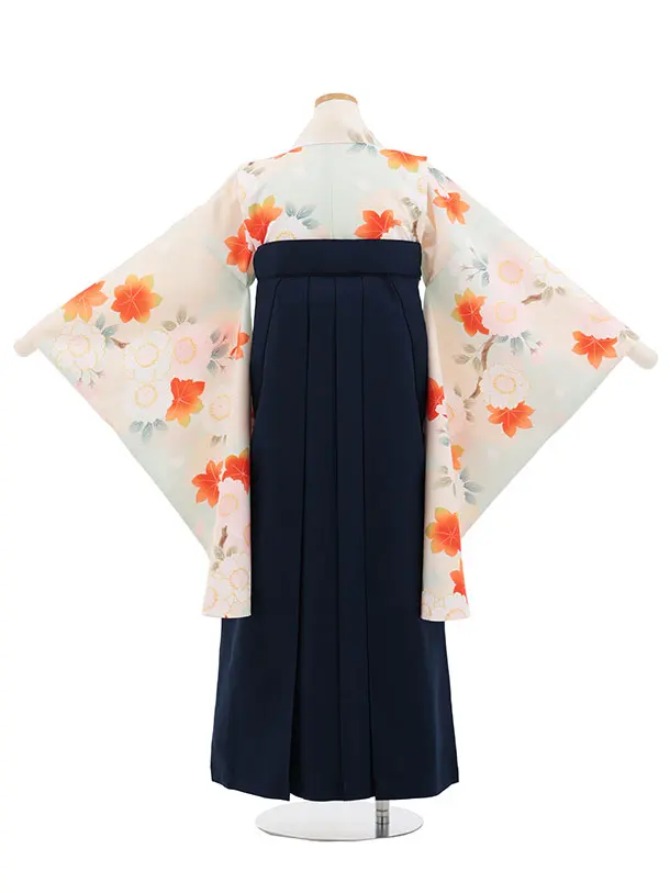 小学生卒業式かんたん袴(女の子) Z874 ペールグリーンもみじ桜×紺