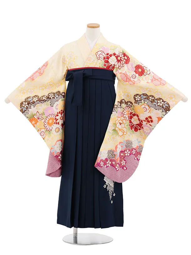 小学生卒業式かんたん袴(女の子) Z875 クリームイエロー疋田柄花×紺