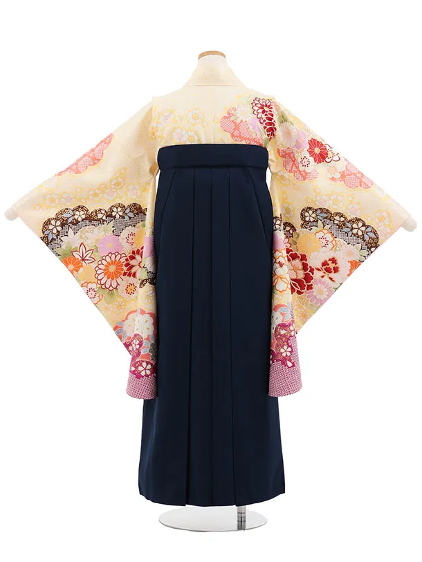 小学生卒業式かんたん袴(女の子) Z875 クリームイエロー疋田柄花×紺
