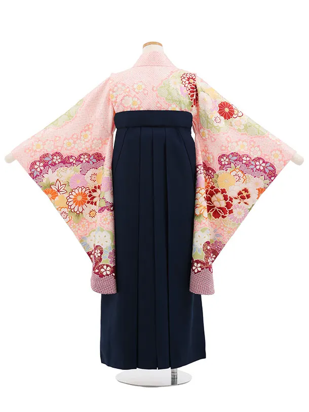 小学生卒業式かんたん袴(女の子) Z876 ピンクホワイト疋田柄古典花×紺