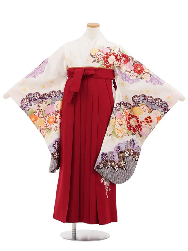 小学生卒業式かんたん袴(女の子) Z877 白古典花×エンジ