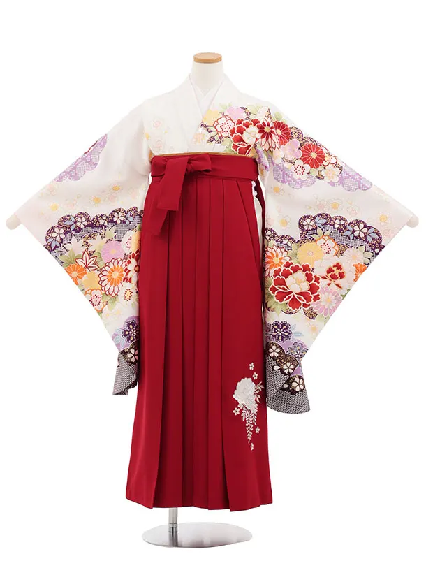 小学生卒業式かんたん袴(女の子) Z877 白古典花×エンジ