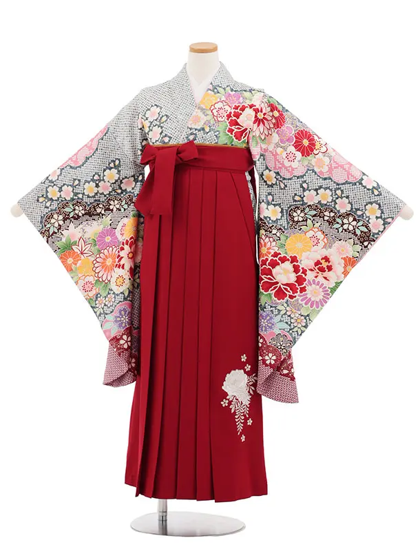 小学生卒業式かんたん袴(女の子) Z878 ブルーグリーン疋田柄古典花×エンジ