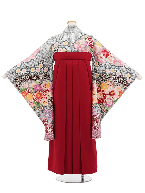 小学生卒業式かんたん袴(女の子) Z878 ブルーグリーン疋田柄古典花×エンジ