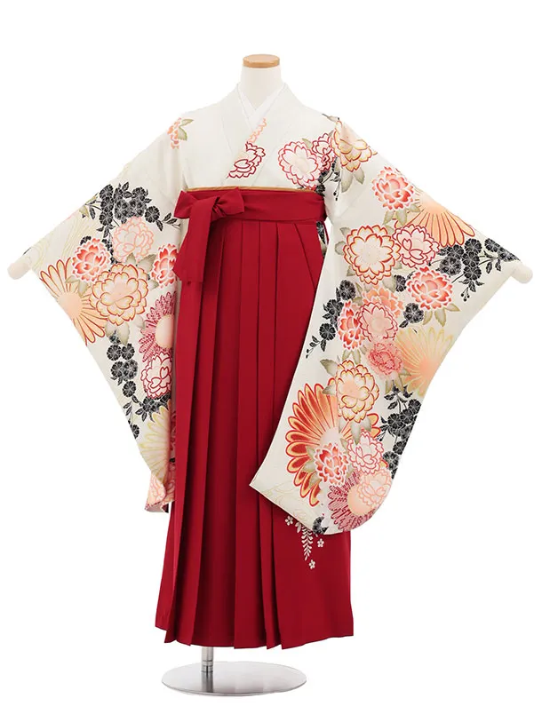 小学生卒業式かんたん袴(女の子) Z879 ヒワクリーム花×エンジ