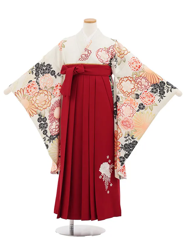 小学生卒業式かんたん袴(女の子) Z879 ヒワクリーム花×エンジ