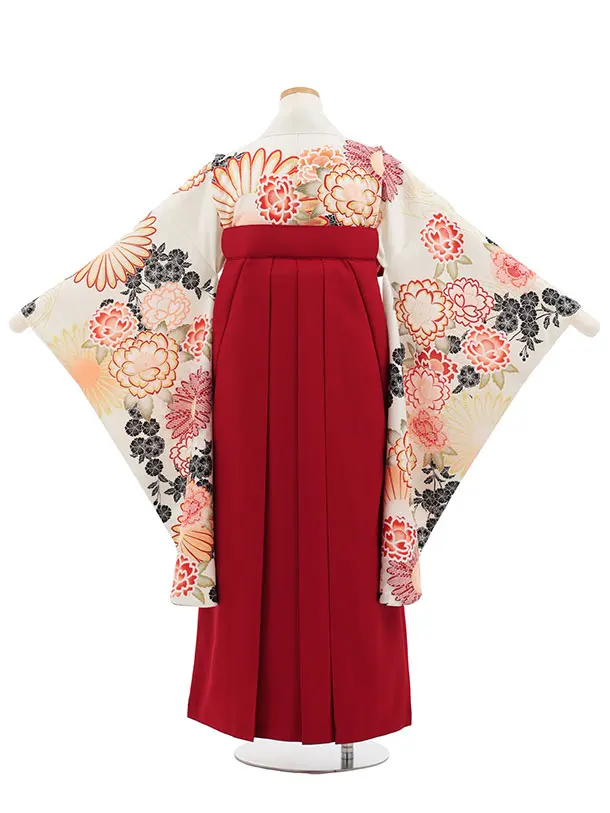小学生卒業式かんたん袴(女の子) Z879 ヒワクリーム花×エンジ