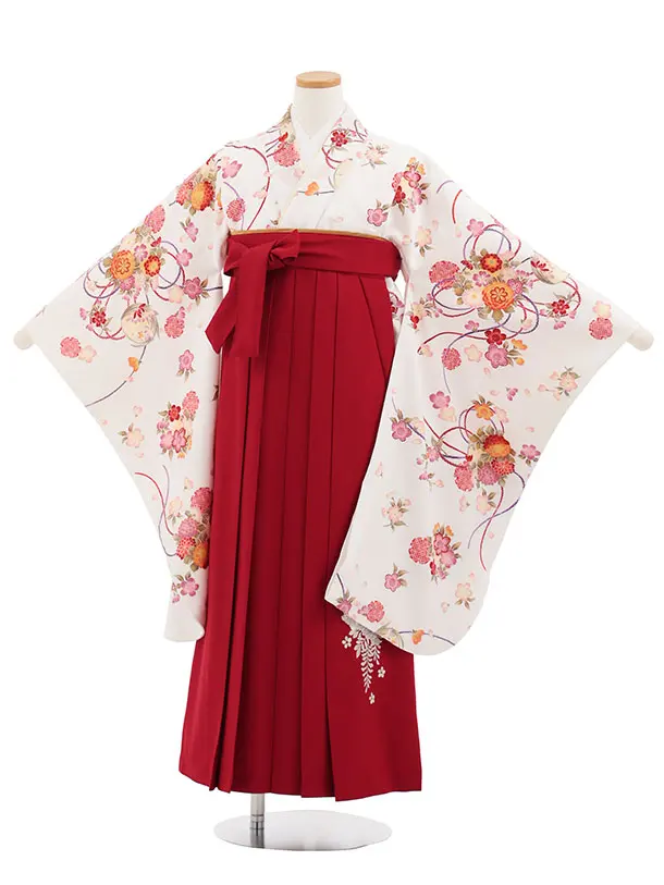 小学生卒業式かんたん袴(女の子) Z880 白地薬玉×エンジ