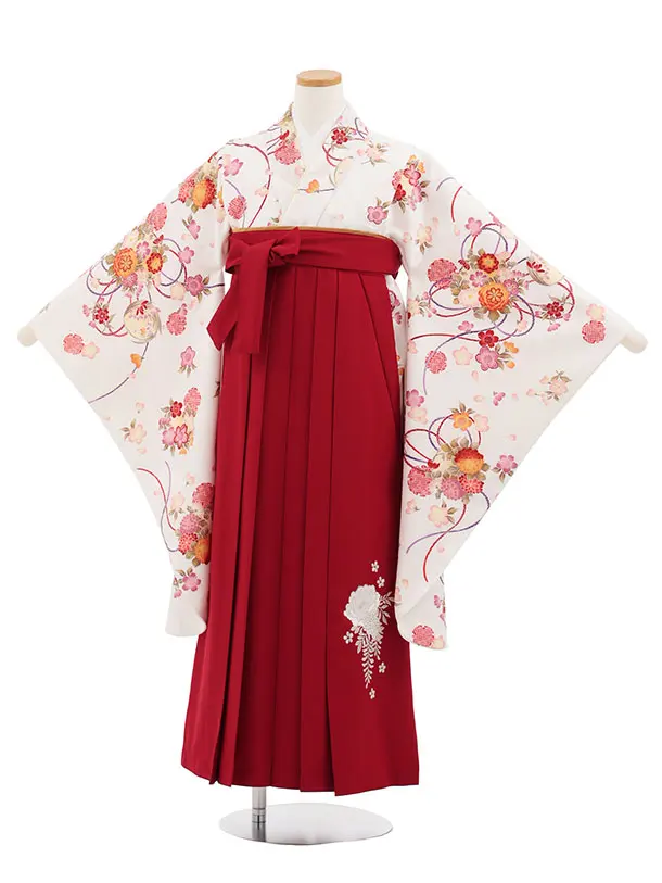 小学生卒業式かんたん袴(女の子) Z880 白地薬玉×エンジ