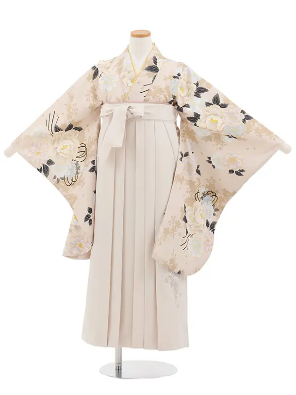 小学生卒業式かんたん袴(女の子) Z881 ベージュブーケ×アイボリー