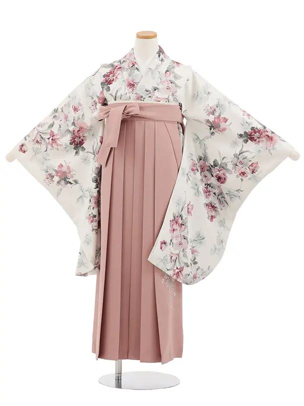 小学生卒業式かんたん袴(女の子) Z882 オフホワイトパステル花×モーヴピンク