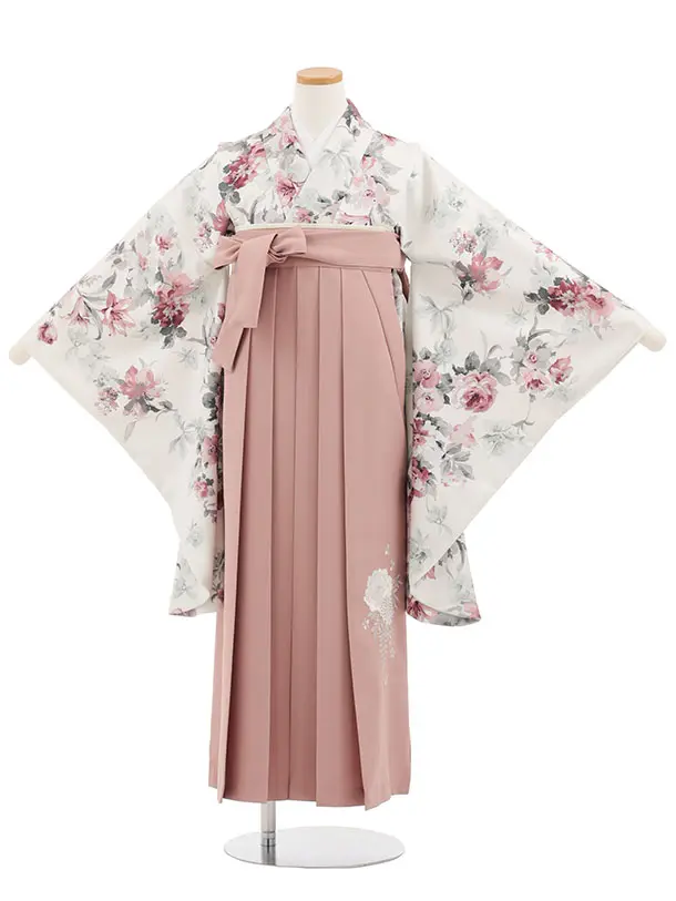 小学生卒業式かんたん袴(女の子) Z882 オフホワイトパステル花×モーヴピンク